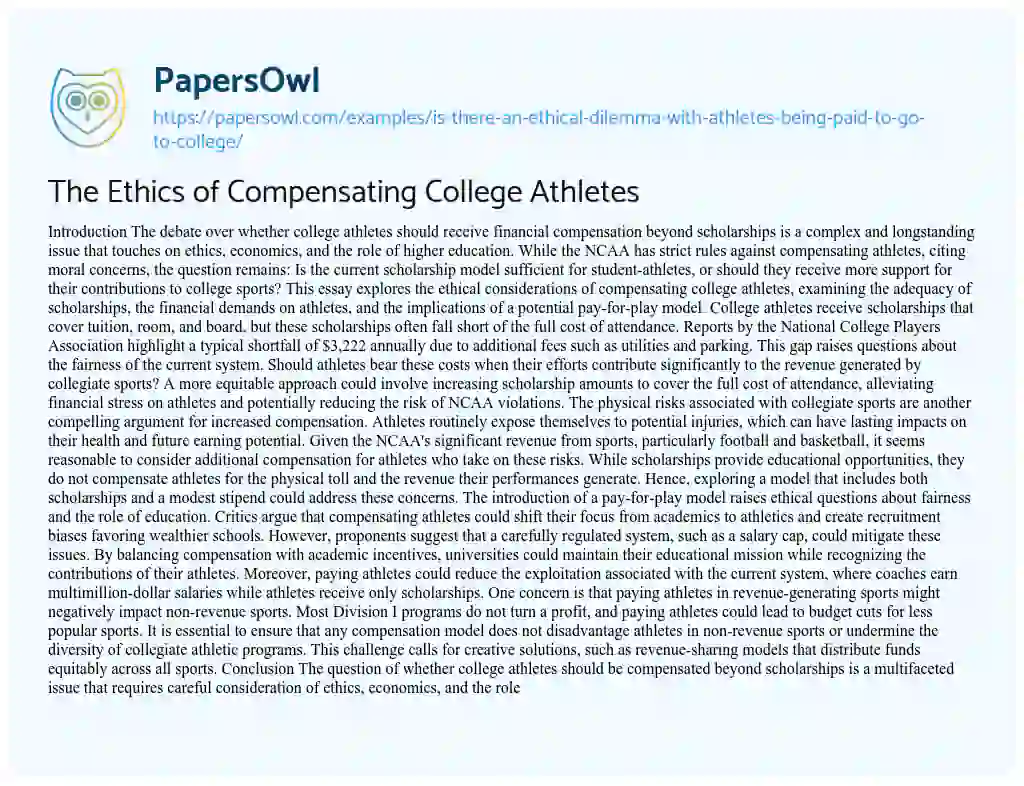 Essay on Is there an Ethical Dilemma with Athletes being Paid to Go to College?