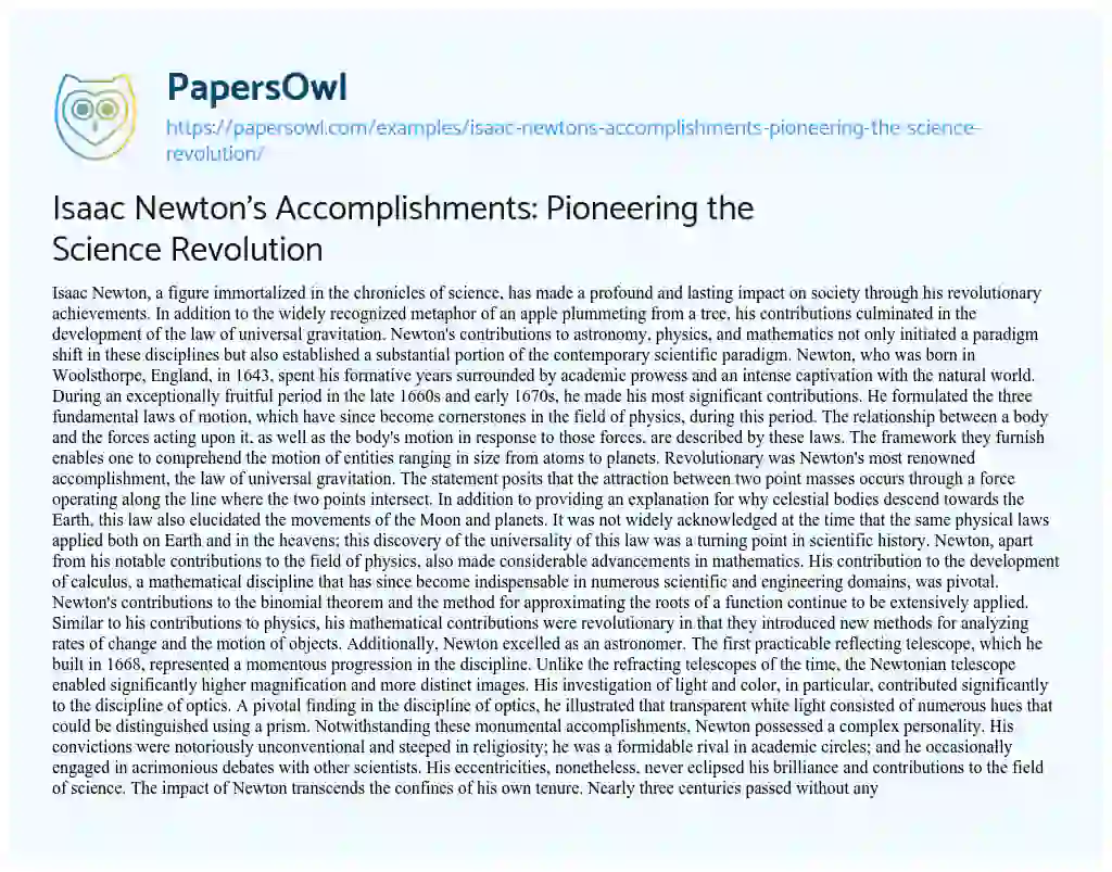 Essay on Isaac Newton’s Accomplishments: Pioneering the Science Revolution