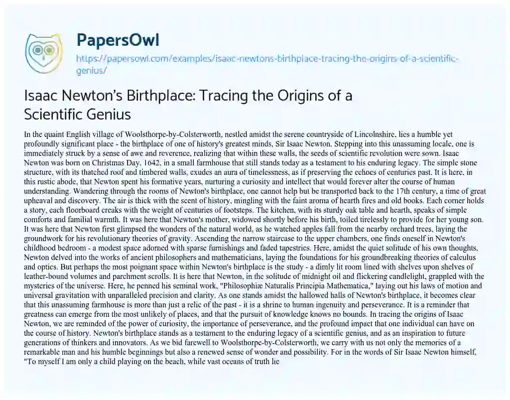 Essay on Isaac Newton’s Birthplace: Tracing the Origins of a Scientific Genius