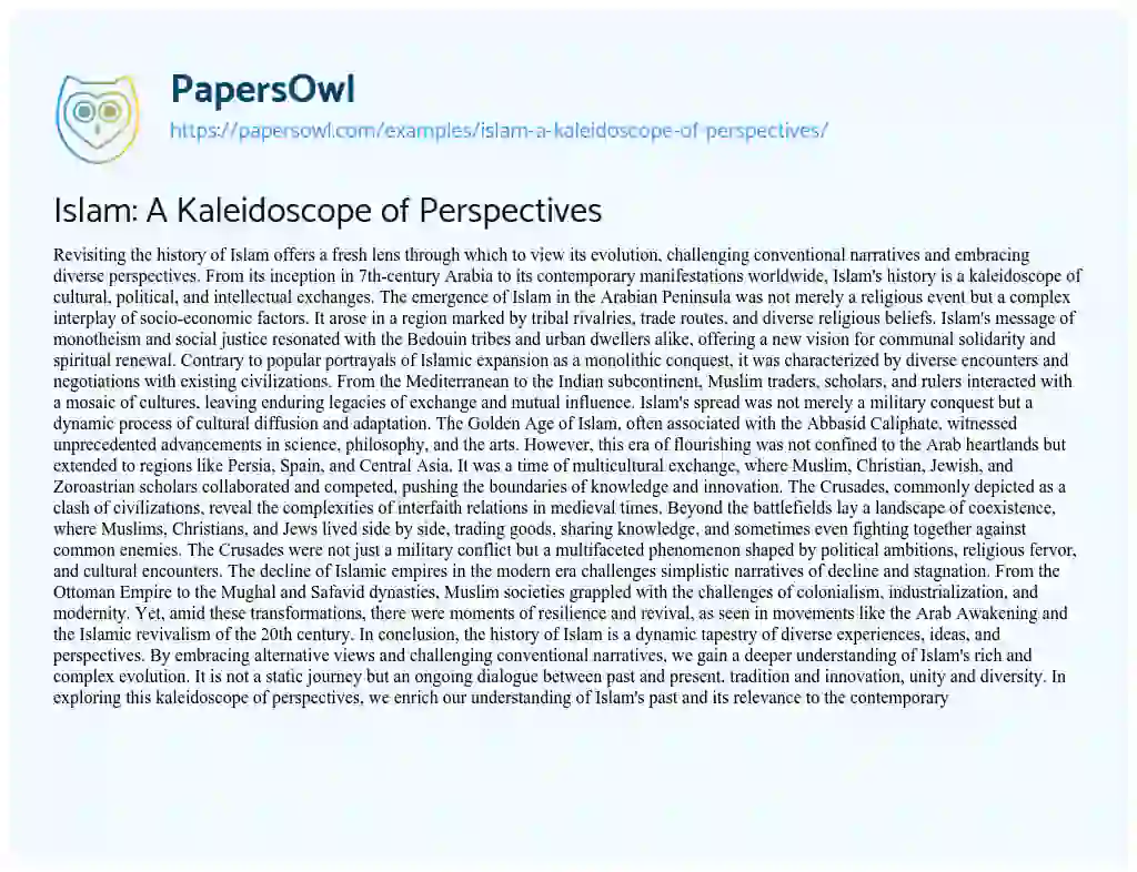 Essay on Islam: a Kaleidoscope of Perspectives
