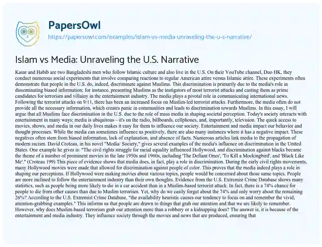 Essay on Islam Vs Media: Unraveling the U.S. Narrative