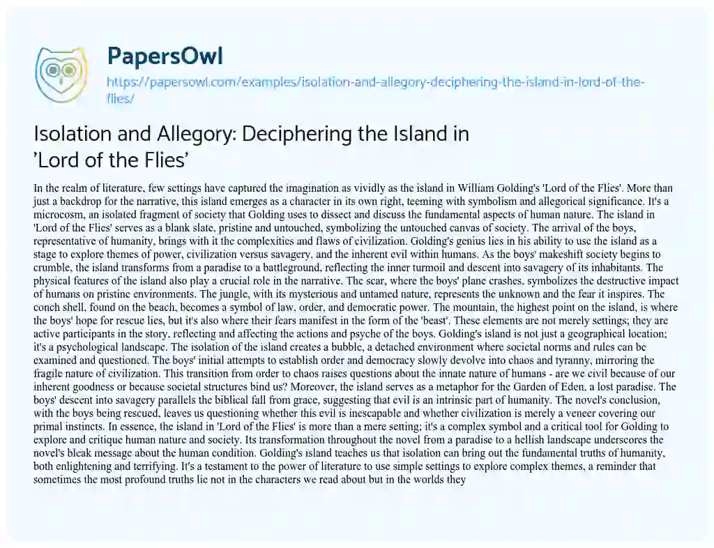 Essay on Isolation and Allegory: Deciphering the Island in ‘Lord of the Flies’