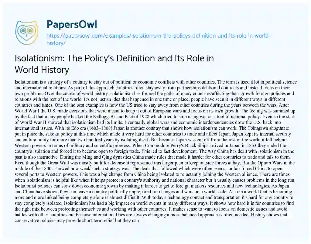 Essay on Isolationism: the Policy’s Definition and its Role in World History