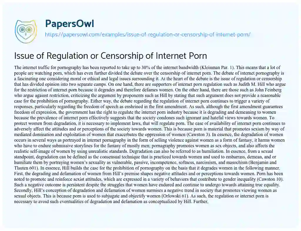 Women Internet Porn - Issue of Regulation or Censorship of Internet Porn - Free Essay Example -  749 Words | PapersOwl.com