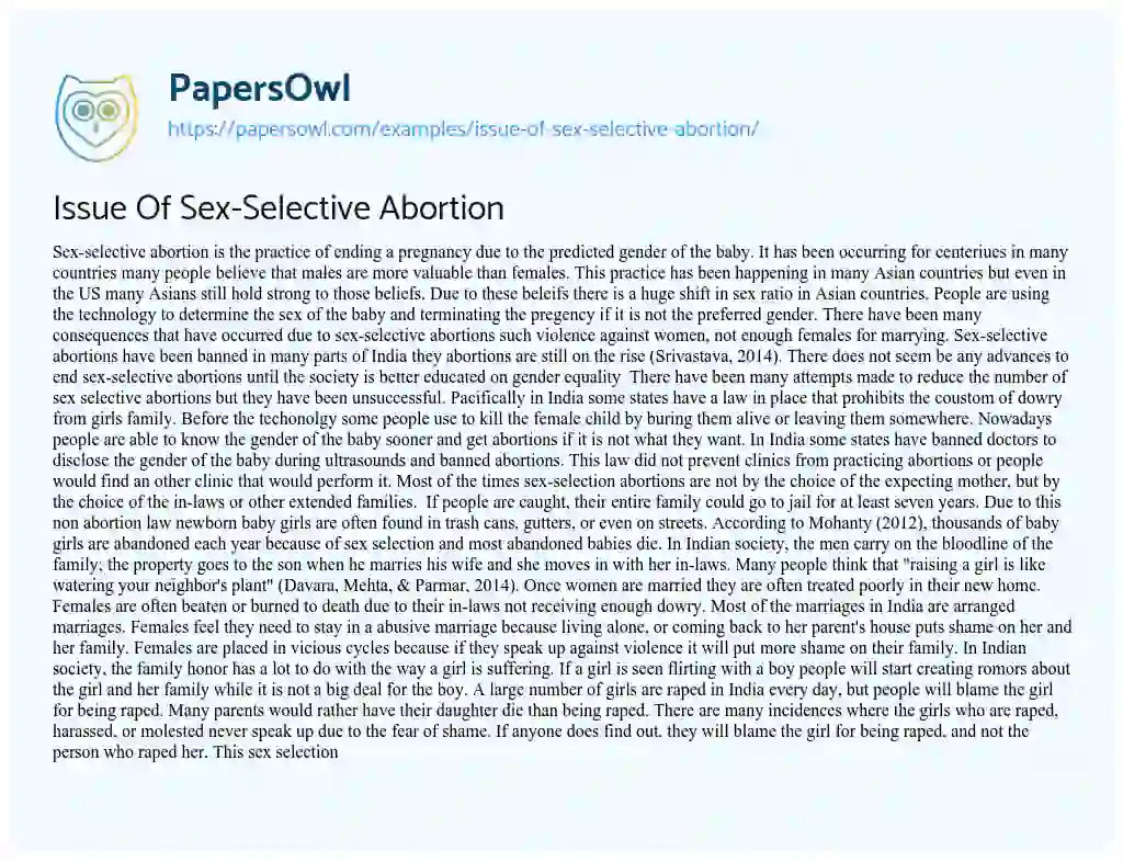 Essay on Issue of Sex-Selective Abortion