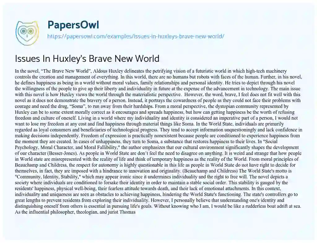 Issues in Huxley’s Brave New World essay