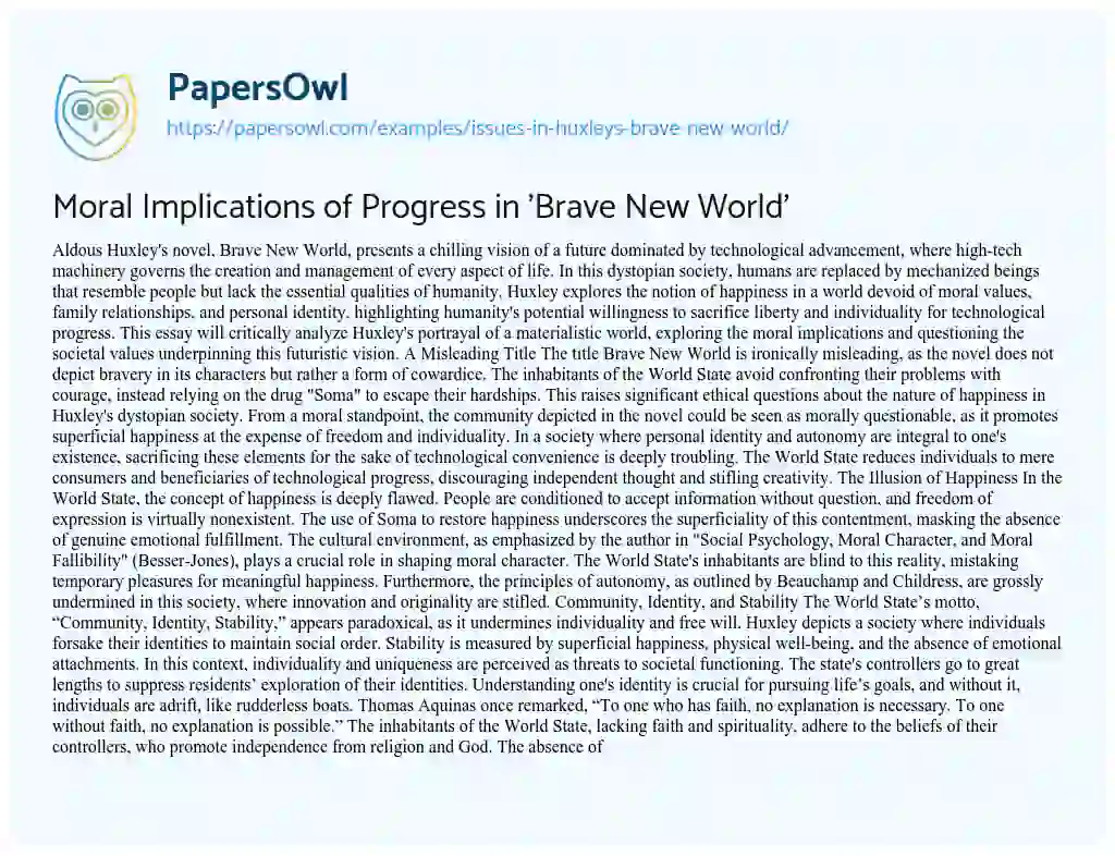 Essay on Issues in Huxley’s Brave New World