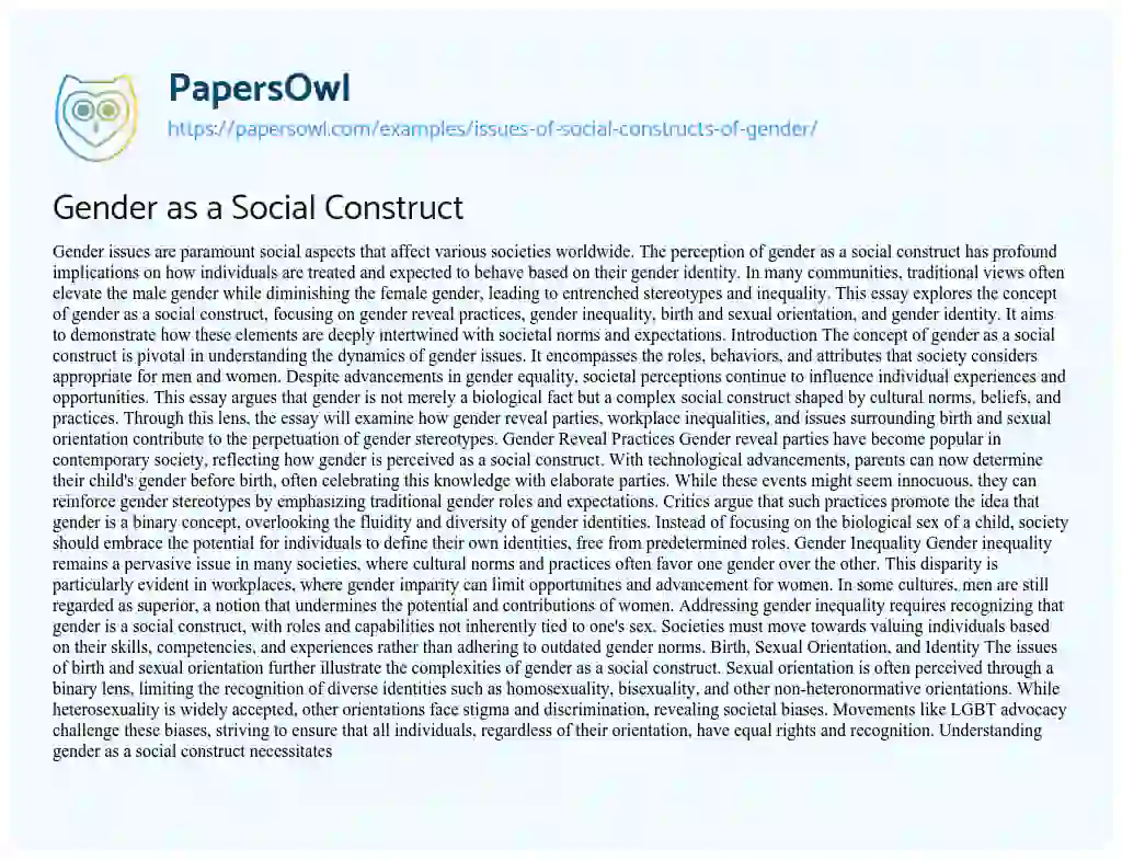 Essay on Issues of Social Constructs of Gender