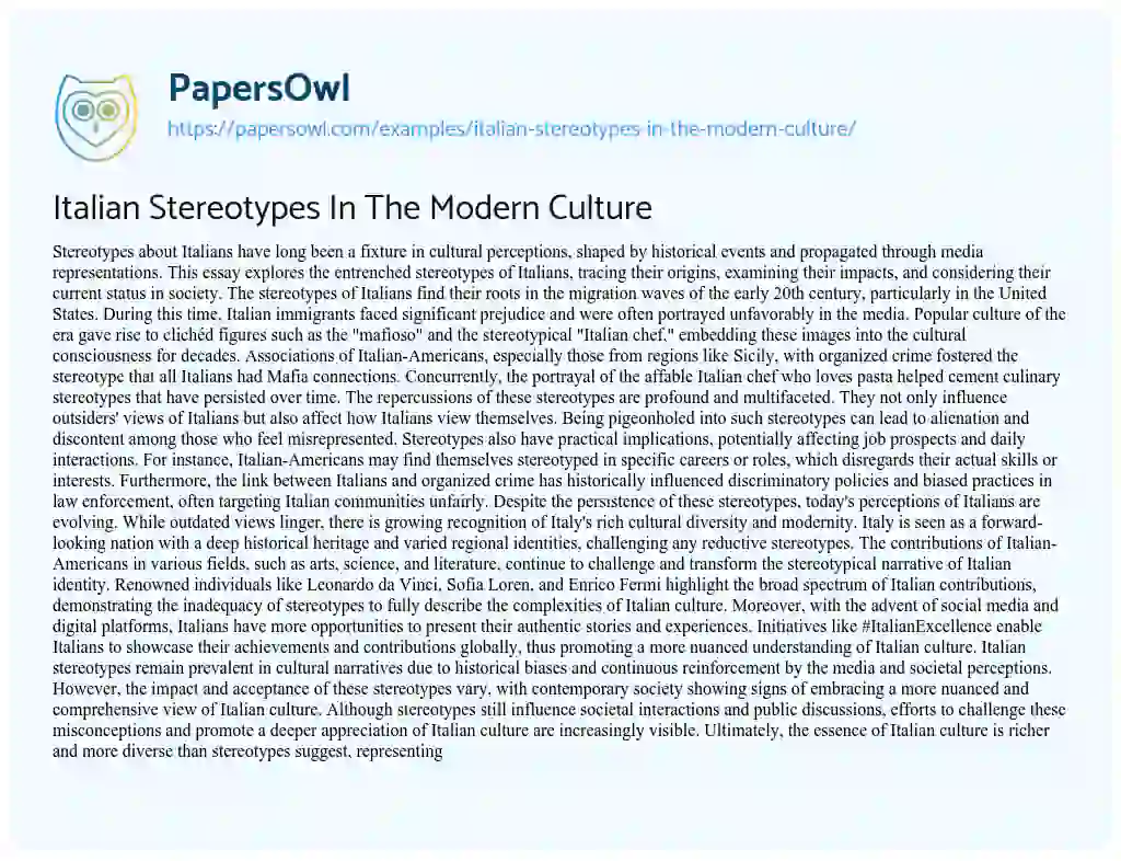 Essay on Italian Stereotypes in the Modern Culture