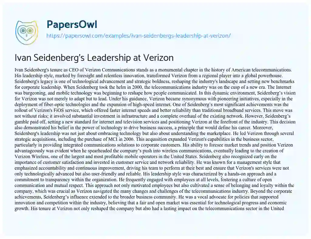 Essay on Ivan Seidenberg’s Leadership at Verizon