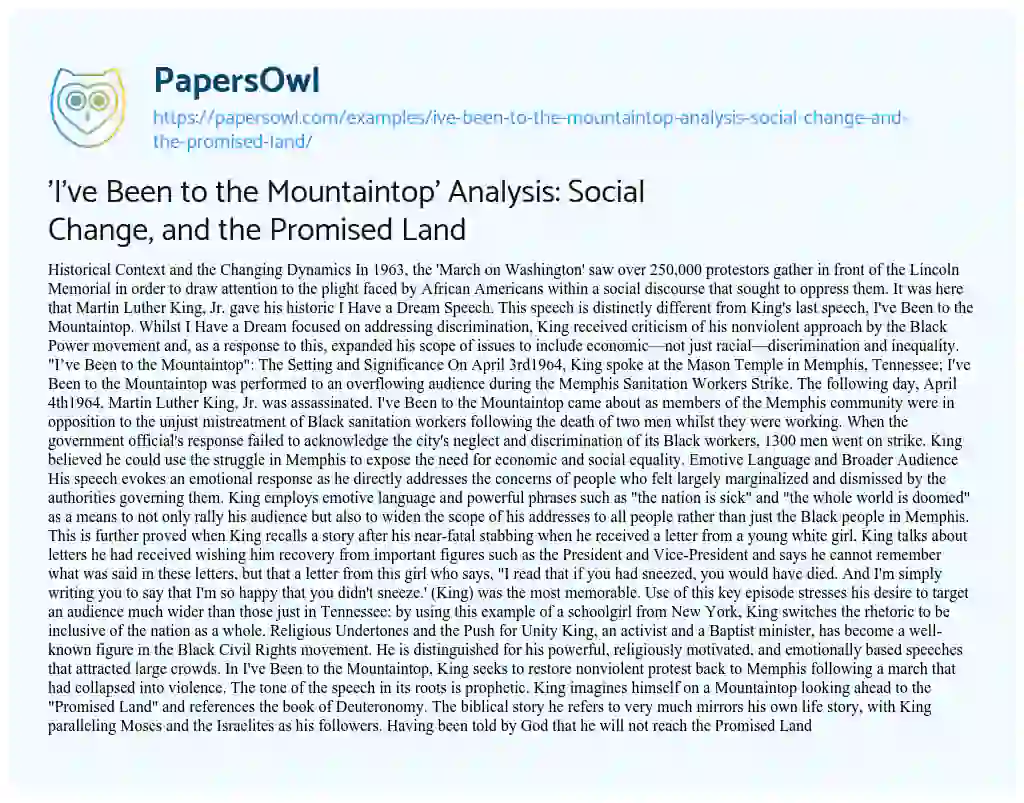 Essay on ‘I’ve been to the Mountaintop’ Analysis: Social Change, and the Promised Land