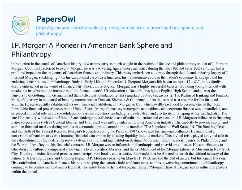 Essay on J.P. Morgan: a Pioneer in American Bank Sphere and Philanthropy