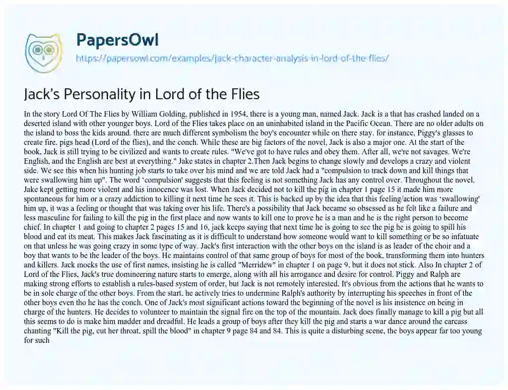 Essay on Jack’s Personality in Lord of the Flies