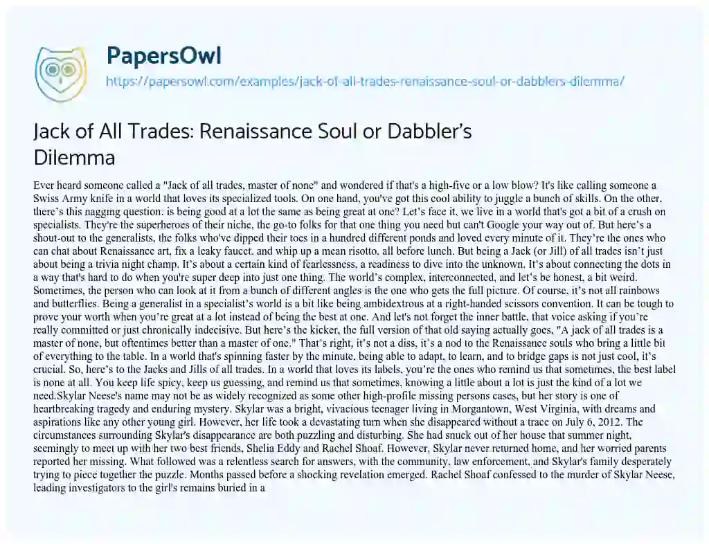 Essay on Jack of all Trades: Renaissance Soul or Dabbler’s Dilemma