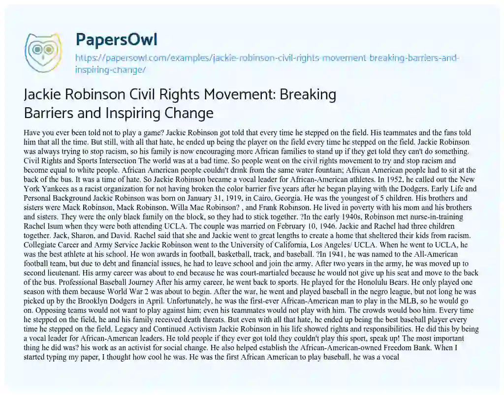 Essay on Jackie Robinson Civil Rights Movement: Breaking Barriers and Inspiring Change