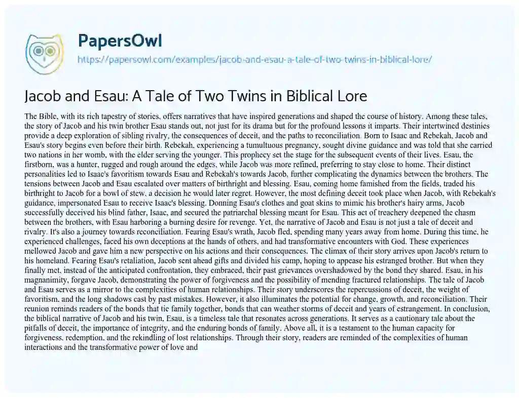 Essay on Jacob and Esau: a Tale of Two Twins in Biblical Lore
