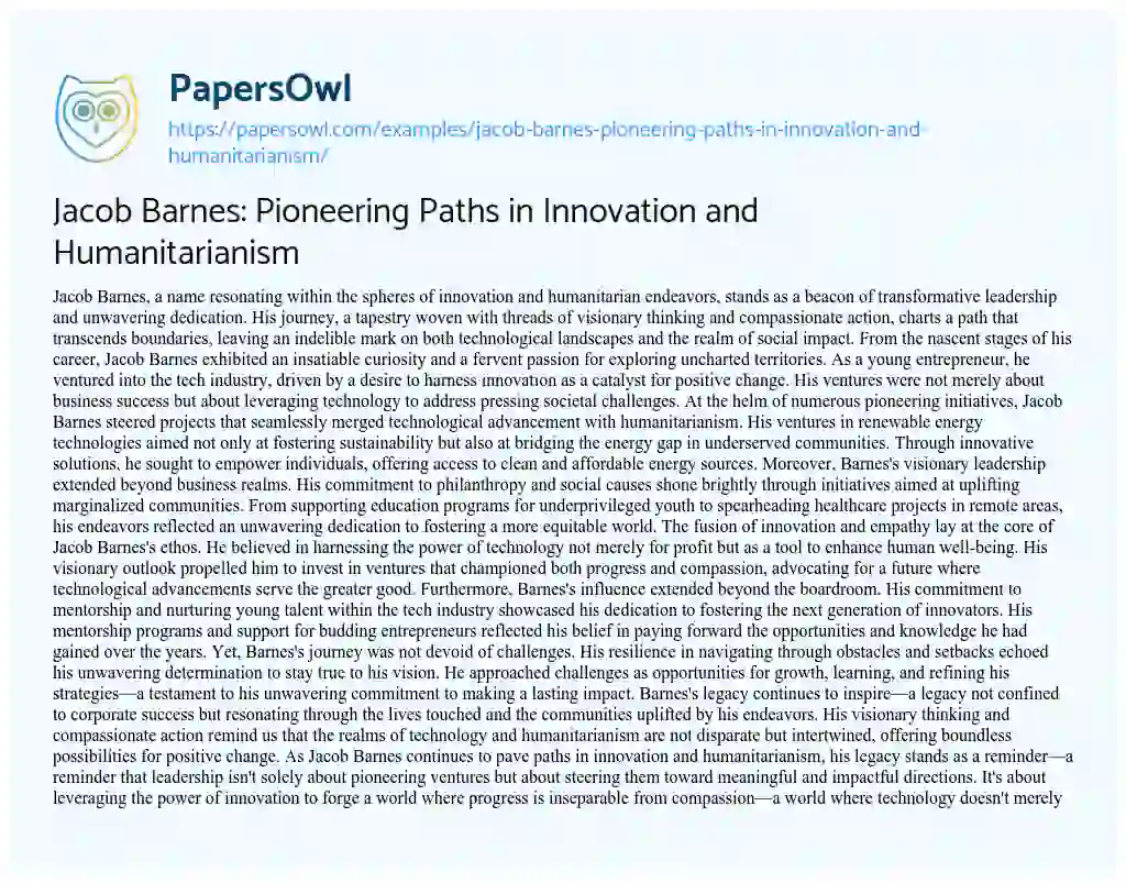 Essay on Jacob Barnes: Pioneering Paths in Innovation and Humanitarianism