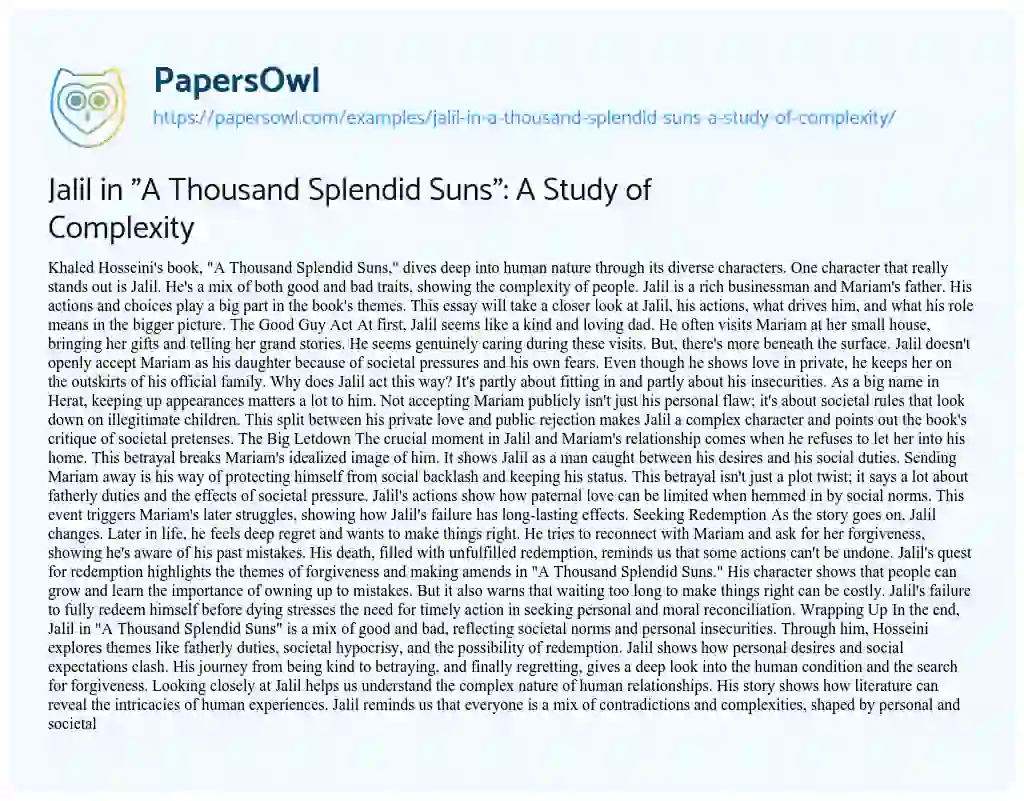 Essay on Jalil in “A Thousand Splendid Suns”: a Study of Complexity