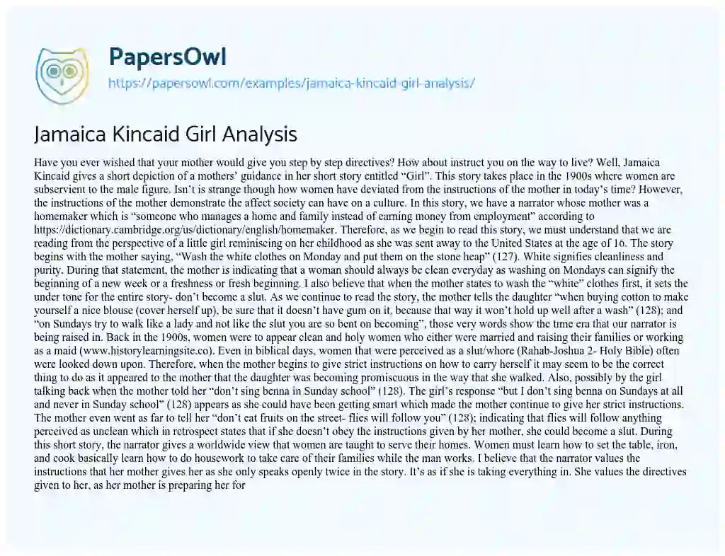Essay on Jamaica Kincaid Girl Analysis