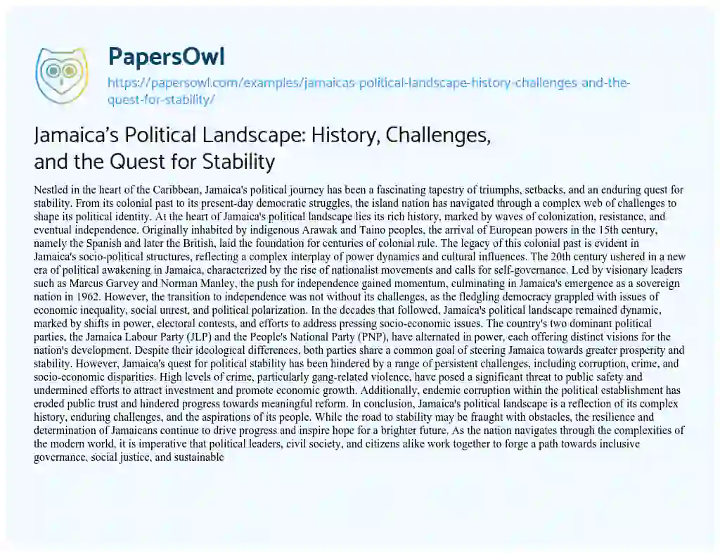 Essay on Jamaica’s Political Landscape: History, Challenges, and the Quest for Stability