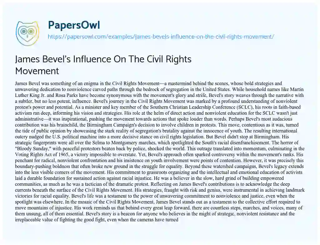 Essay on James Bevel’s Influence on the Civil Rights Movement