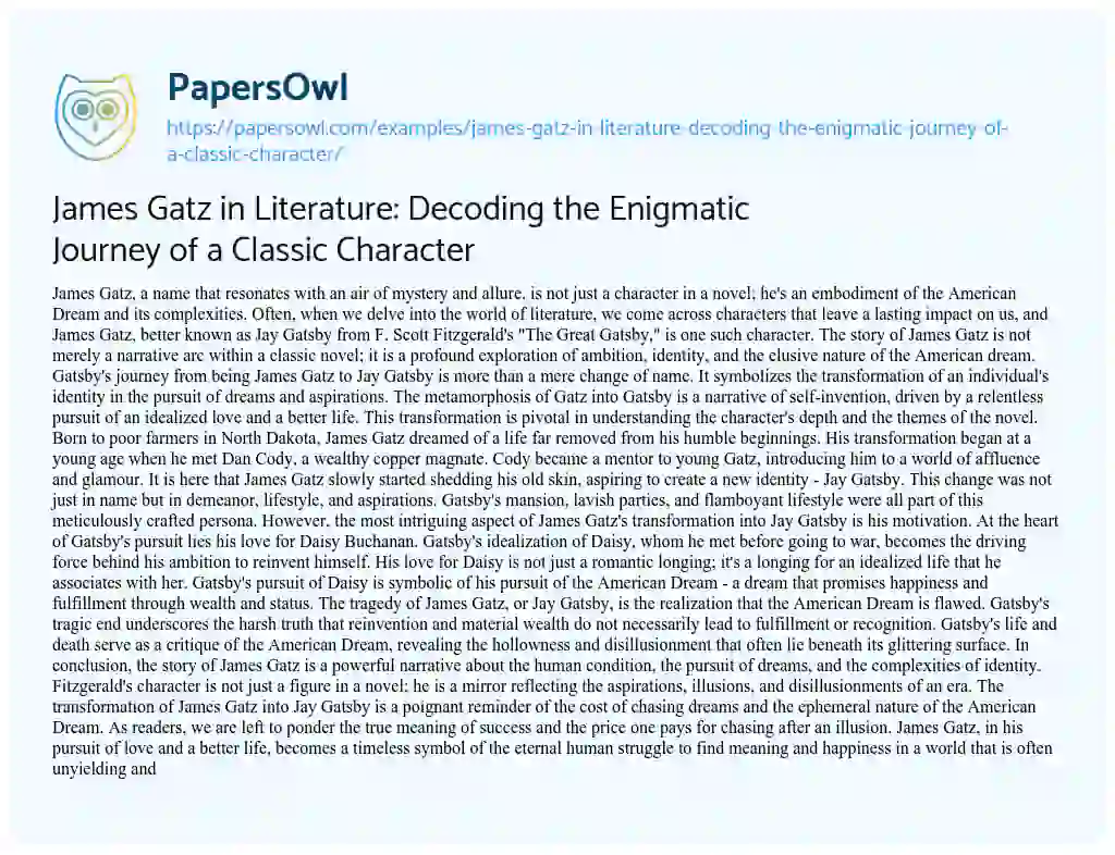 Essay on James Gatz in Literature: Decoding the Enigmatic Journey of a Classic Character