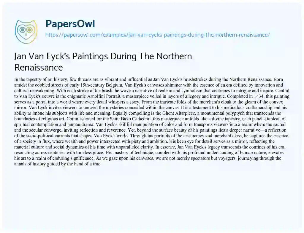 Essay on Jan Van Eyck’s Paintings during the Northern Renaissance