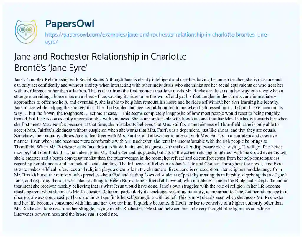 Essay on Jane and Rochester Relationship in Charlotte Brontë’s ‘Jane Eyre’