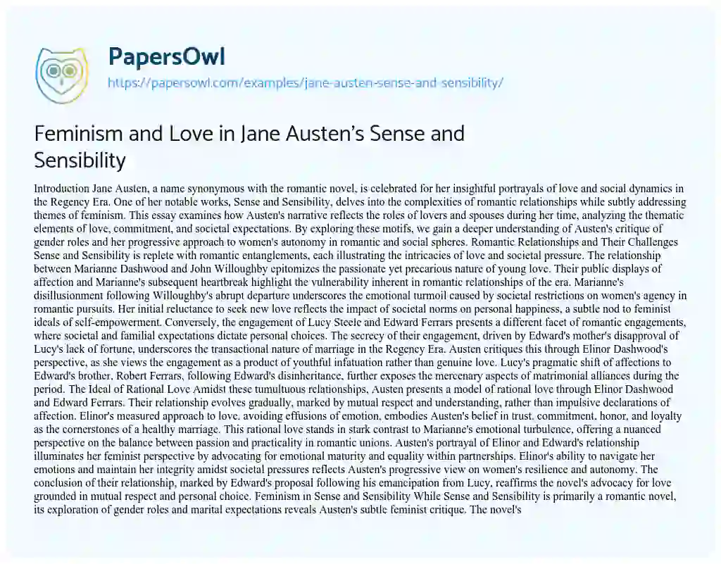 Essay on Jane Austen Sense and Sensibility