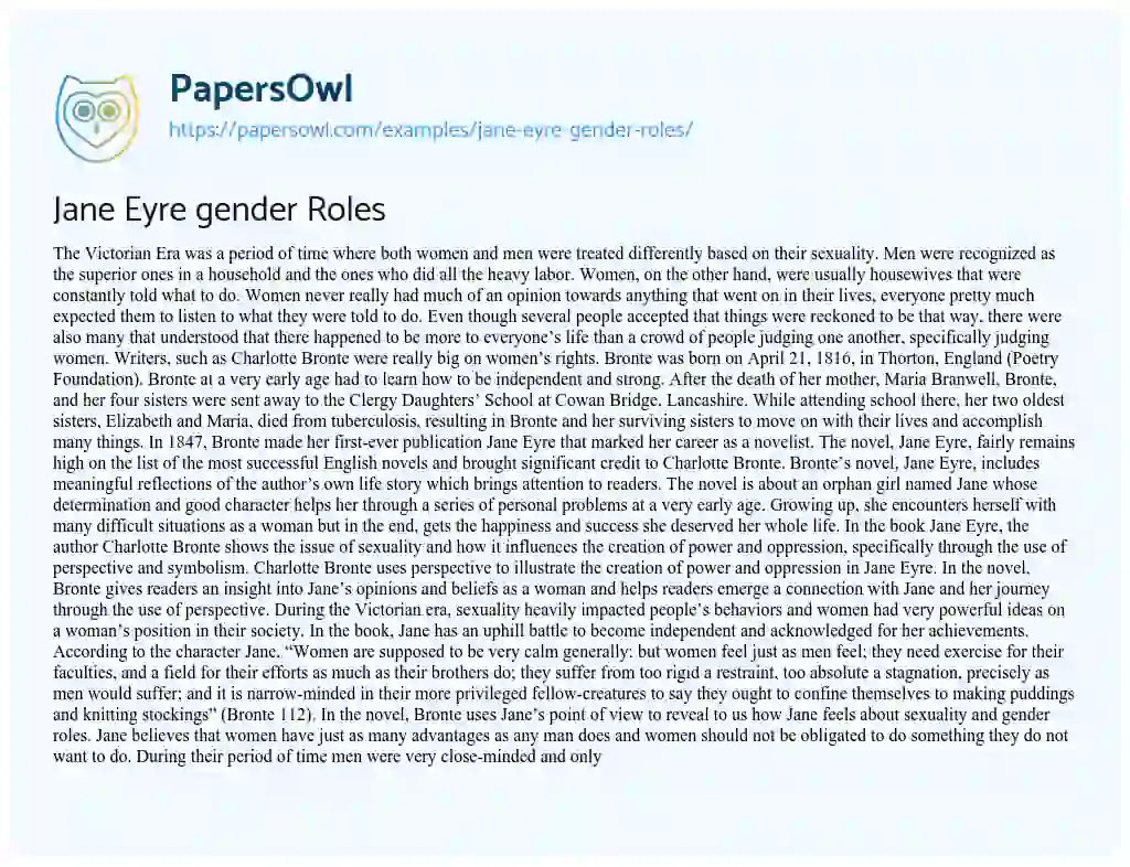 Essay on Jane Eyre Gender Roles