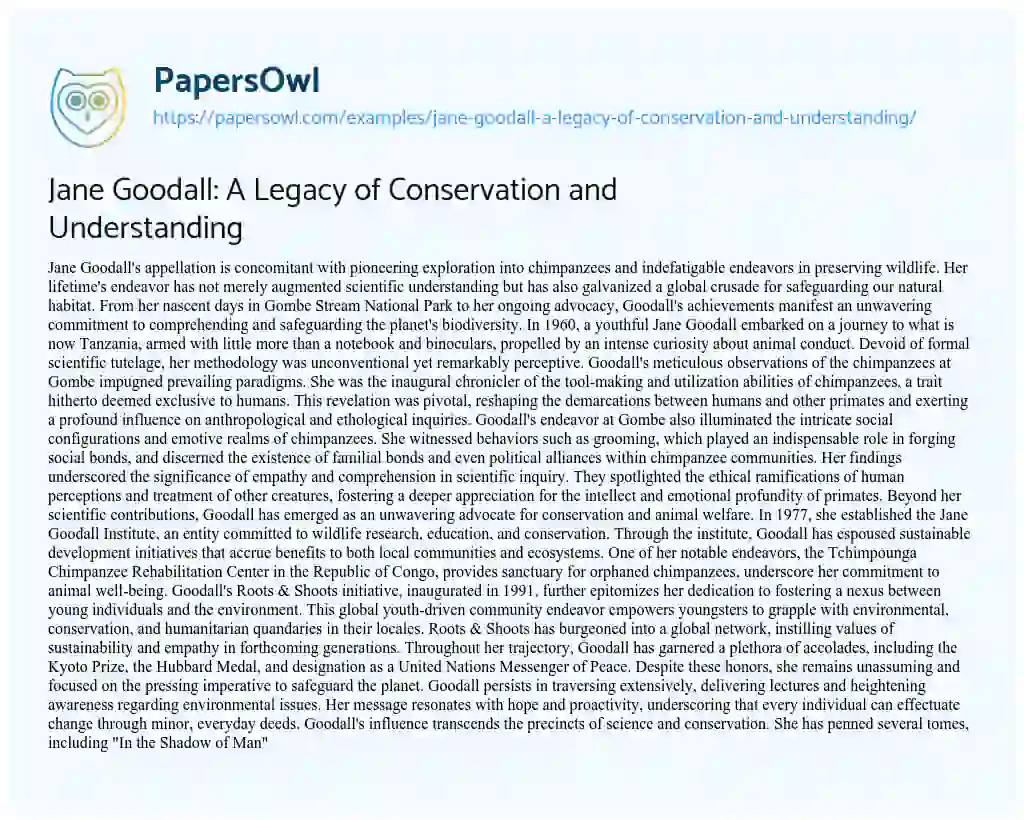Essay on Jane Goodall: a Legacy of Conservation and Understanding