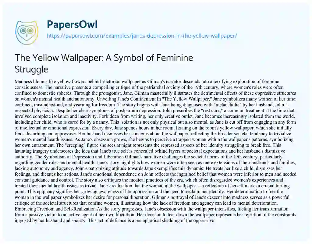 Essay on Jane’s Depression in the Yellow Wallpaper