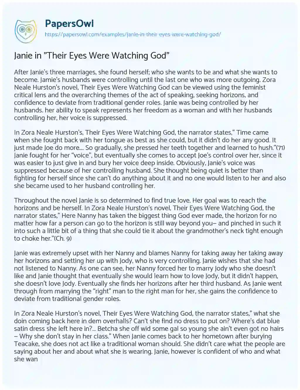 Janie in “Their Eyes were Watching God” essay