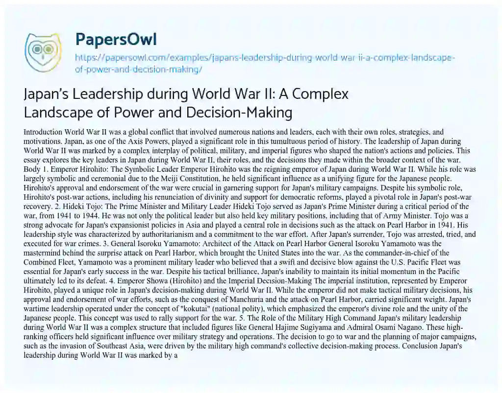 Essay on Japan’s Leadership during World War II: a Complex Landscape of Power and Decision-Making