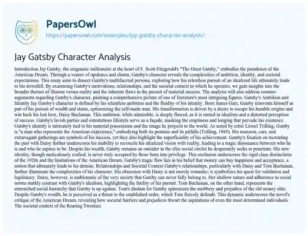 Essay on Jay Gatsby Character Analysis