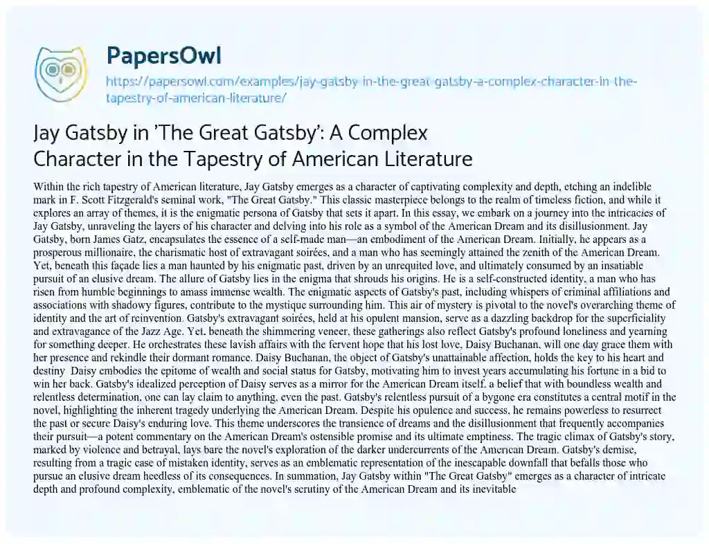 Essay on Jay Gatsby in ‘The Great Gatsby’: a Complex Character in the Tapestry of American Literature