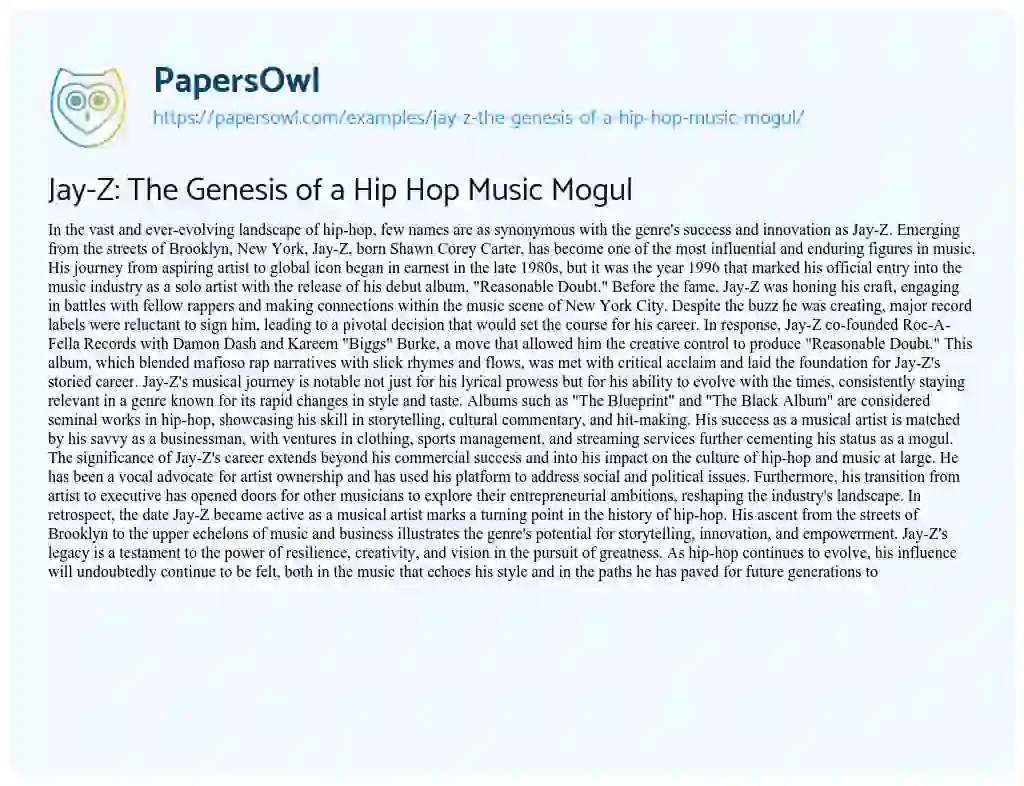 Essay on Jay-Z: the Genesis of a Hip Hop Music Mogul