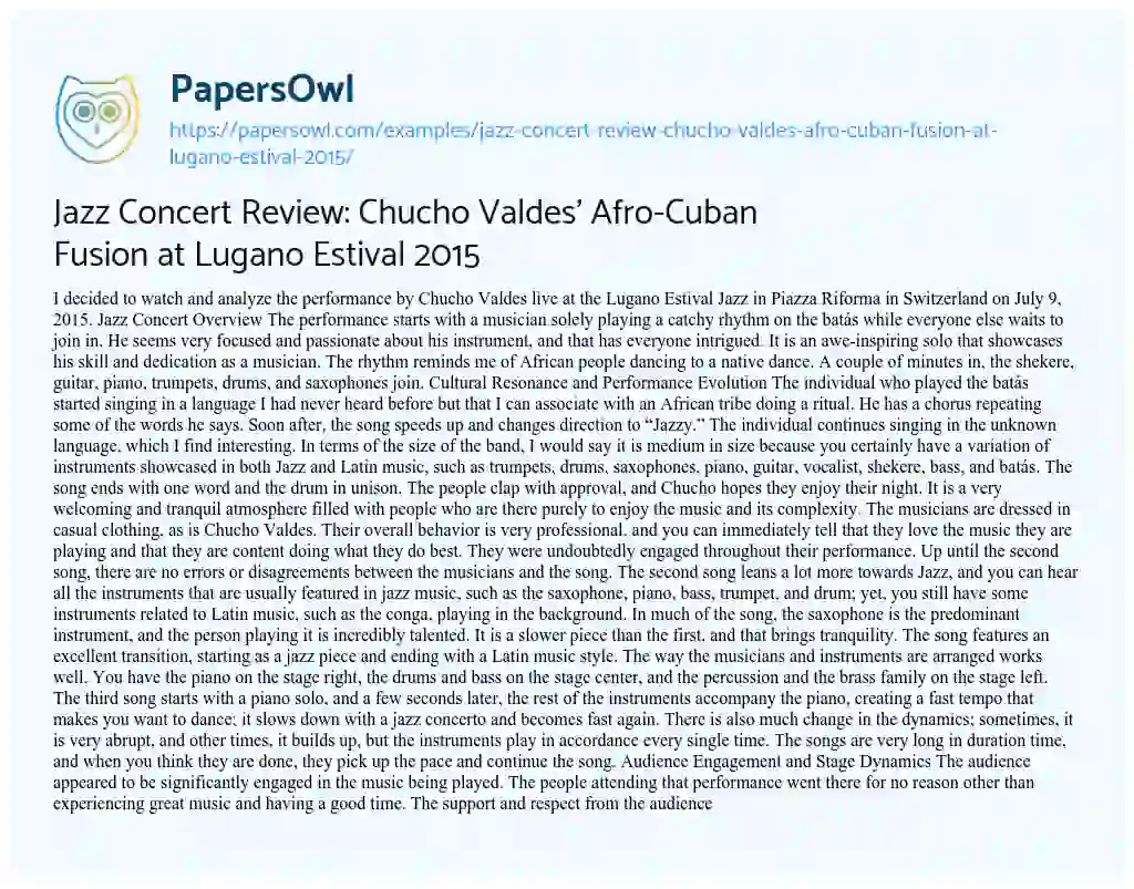 Essay on Jazz Concert Review: Chucho Valdes’ Afro-Cuban Fusion at Lugano Estival 2015