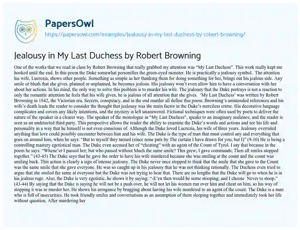 Essay on Jealousy in my Last Duchess by Robert Browning