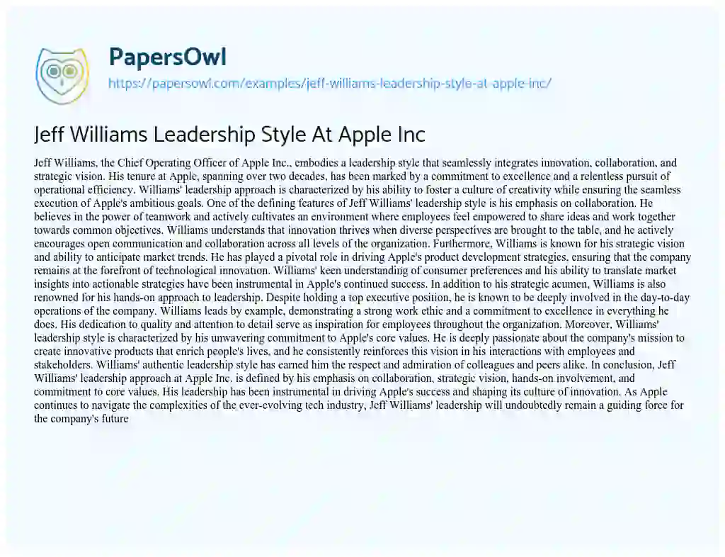 Essay on Jeff Williams Leadership Style at Apple Inc