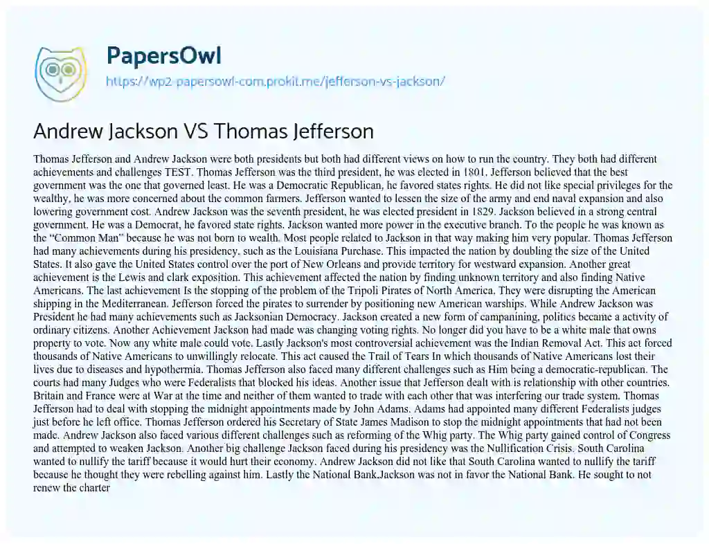 Essay on Andrew Jackson VS Thomas Jefferson