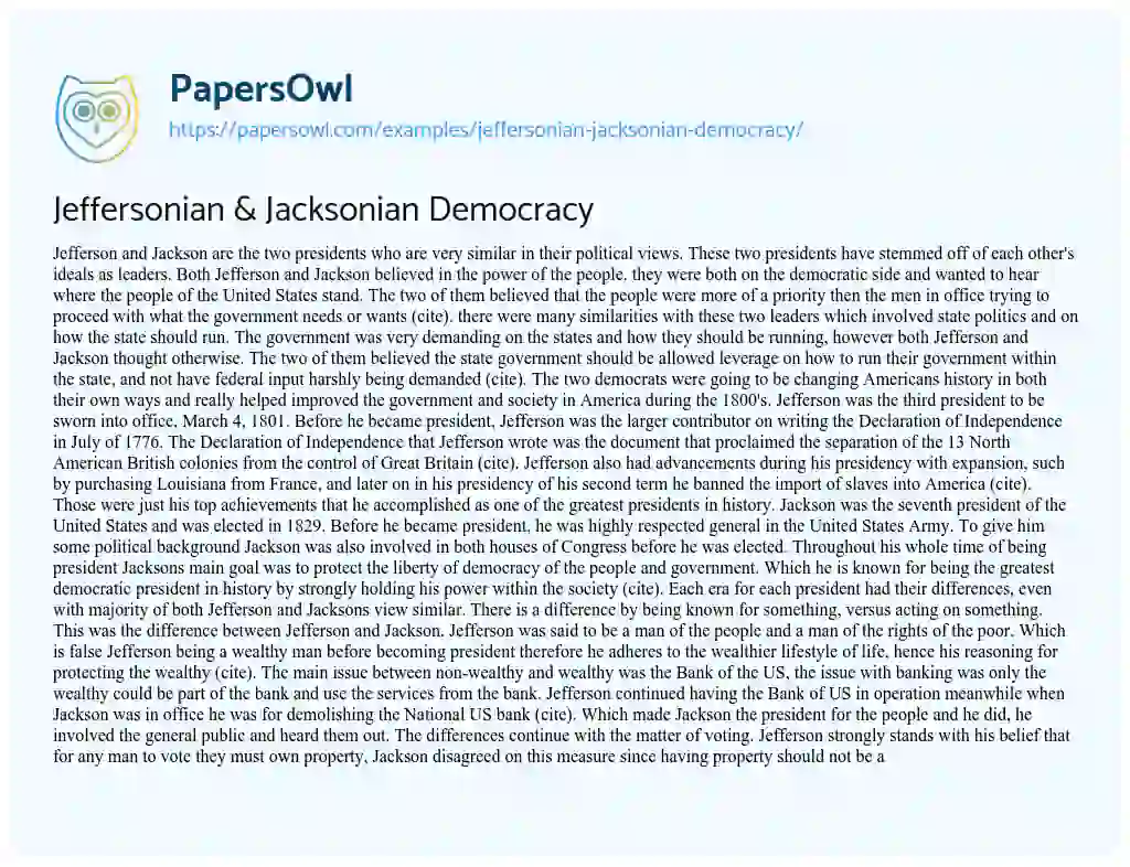 Essay on Jeffersonian & Jacksonian Democracy