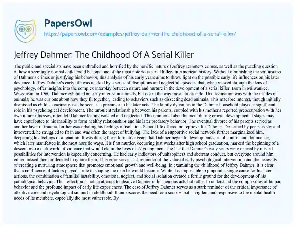 Essay on Jeffrey Dahmer: the Childhood of a Serial Killer