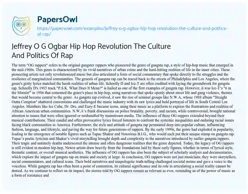 Essay on Jeffrey O G Ogbar Hip Hop Revolution the Culture and Politics of Rap