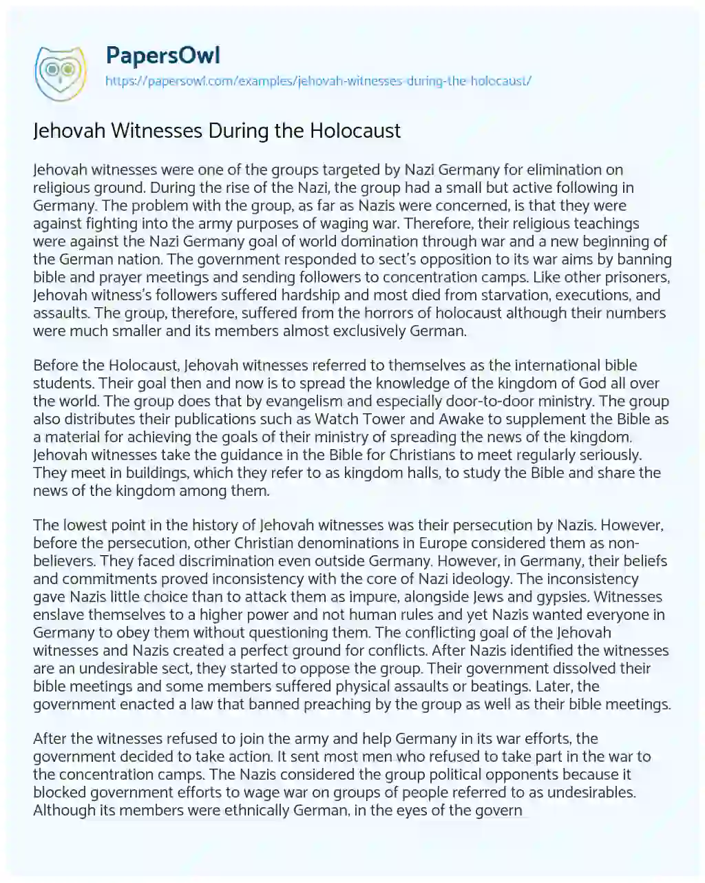 Essay on Jehovah Witnesses during the Holocaust