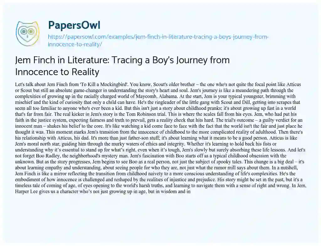 Essay on Jem Finch in Literature: Tracing a Boy’s Journey from Innocence to Reality
