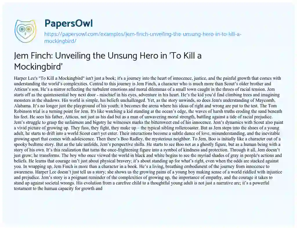 Essay on Jem Finch: Unveiling the Unsung Hero in ‘To Kill a Mockingbird’