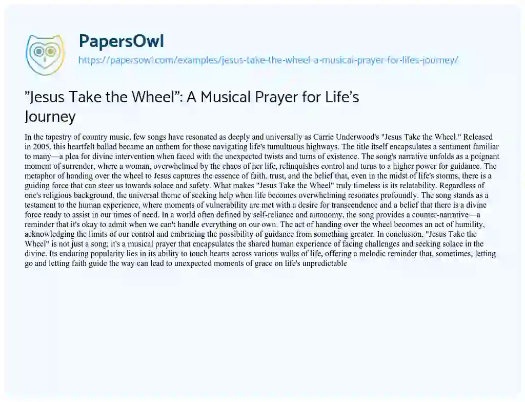 Essay on “Jesus Take the Wheel”: a Musical Prayer for Life’s Journey