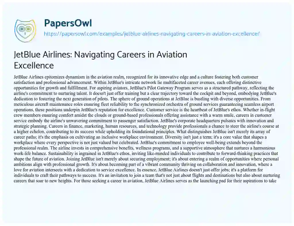 Essay on JetBlue Airlines: Navigating Careers in Aviation Excellence