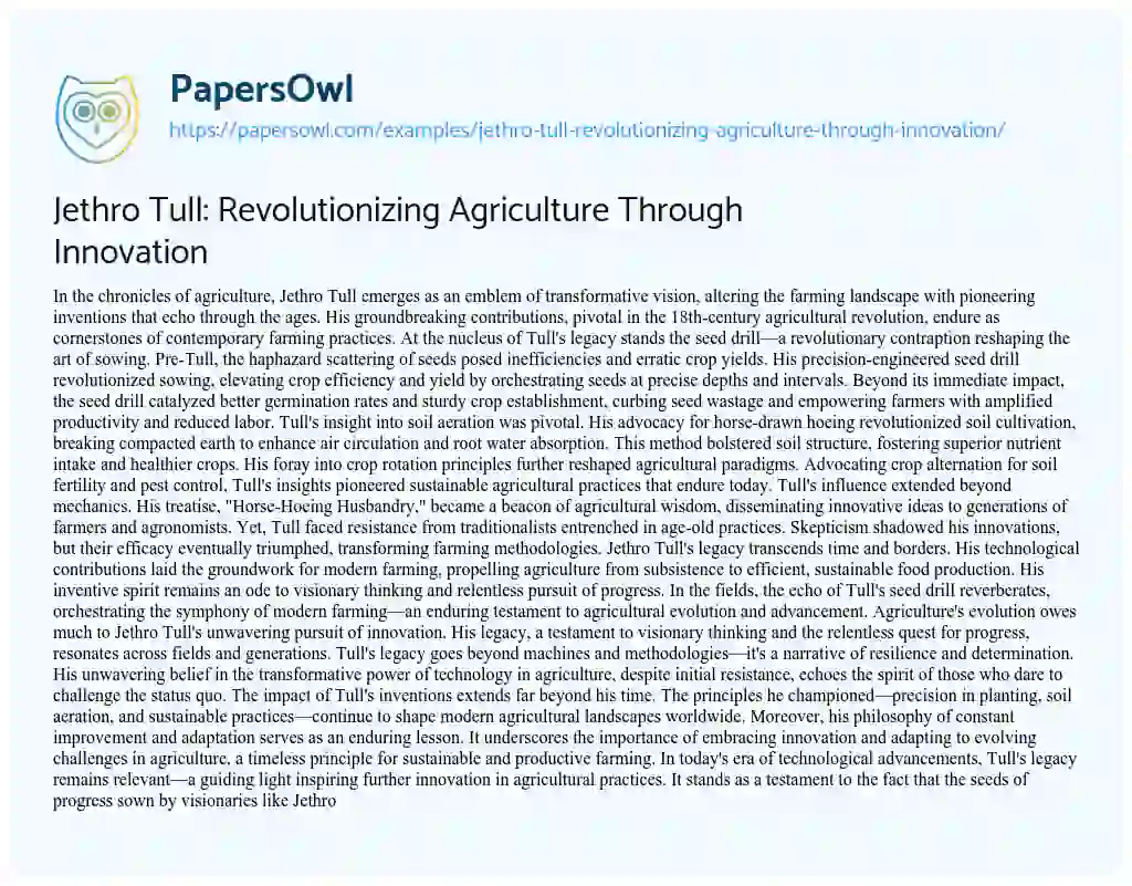 Essay on Jethro Tull: Revolutionizing Agriculture through Innovation